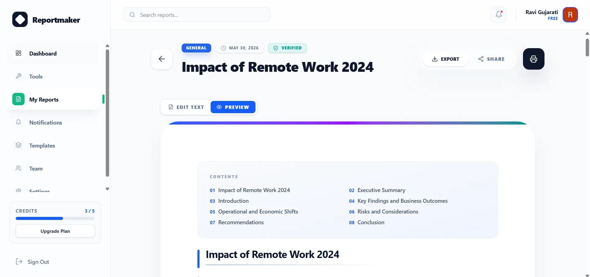 Text to Report Tool Output Screenshot
