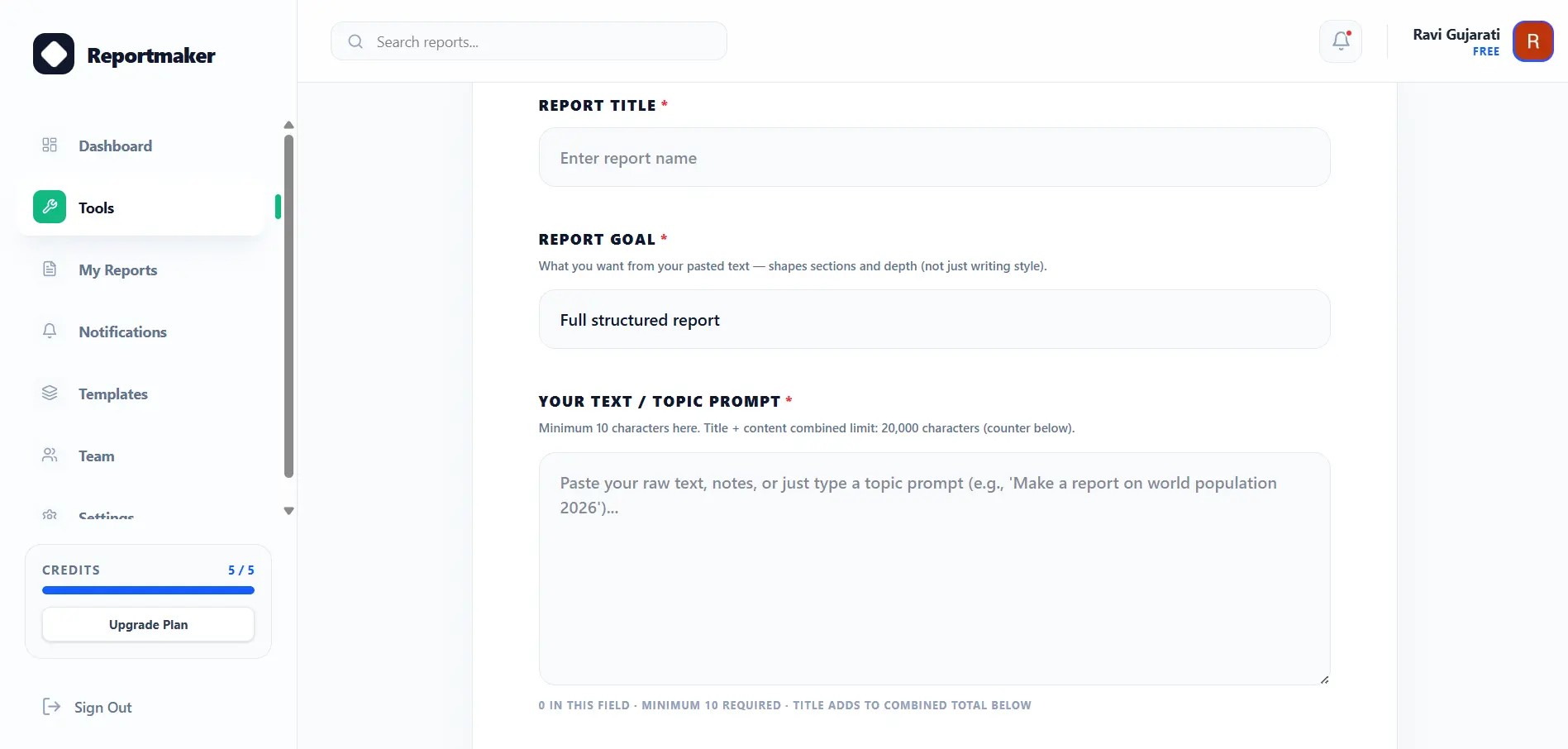 Text to Report Tool UI Screenshot